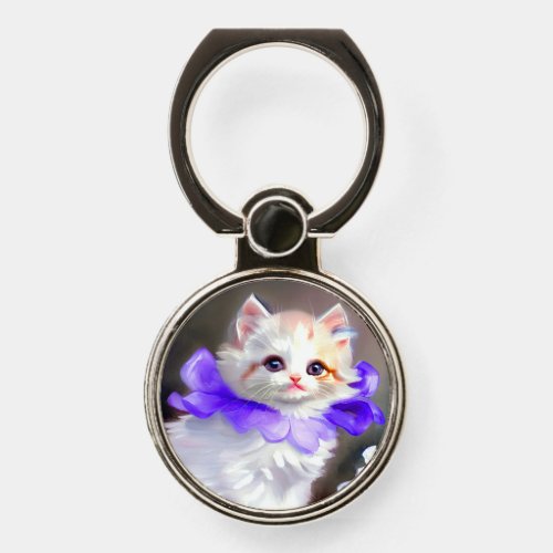 White Cat with Purple Flower Collar Painting Phone Ring Stand