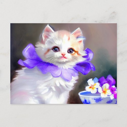 White Cat with Purple Flower Collar Painting Postcard
