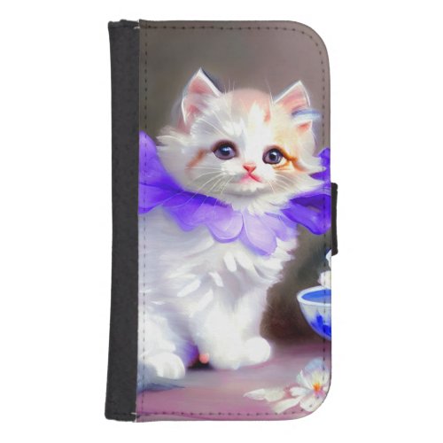 White Cat with Purple Flower Collar Painting Galaxy S4 Wallet Case