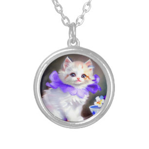 White Cat with Purple Flower Collar Painting Silver Plated Necklace