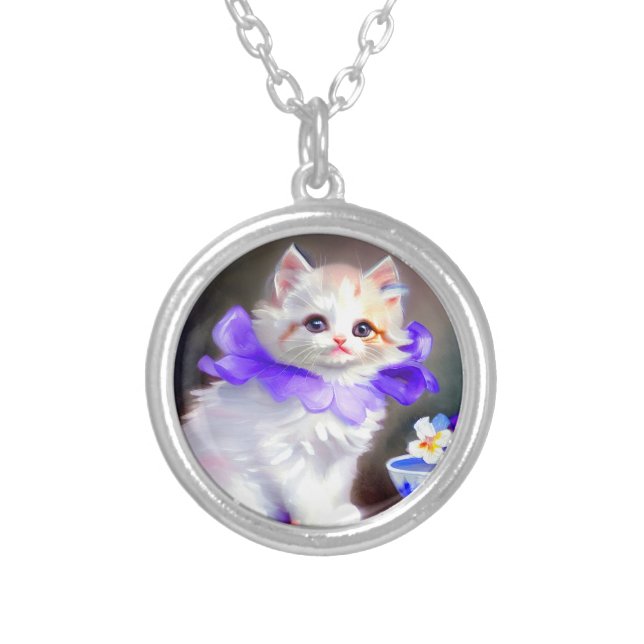 White Cat with Purple Flower Collar Painting Silver Plated Necklace (Front)