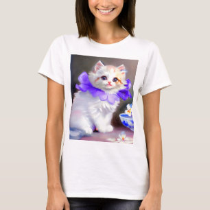 White Cat with Purple Flower Collar Painting T-Shirt