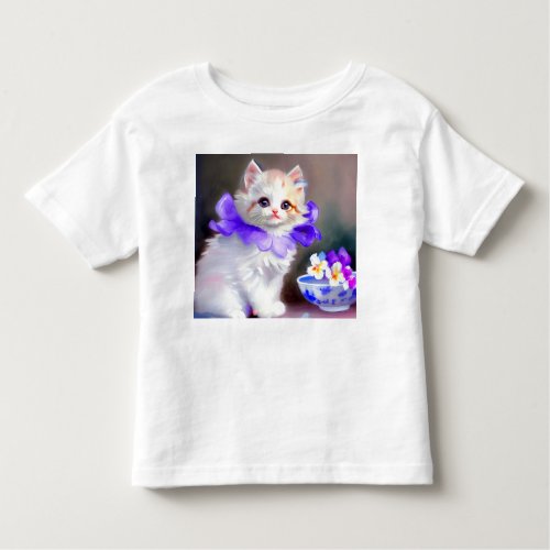 White Cat with Purple Flower Collar Painting Toddler T_shirt