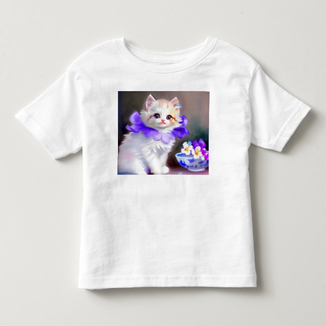 White Cat with Purple Flower Collar Painting Toddler T-shirt (Front)