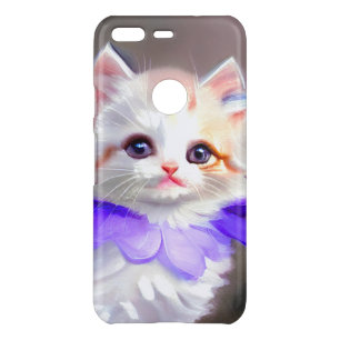 White Cat with Purple Flower Collar Painting Uncommon Google Pixel Case