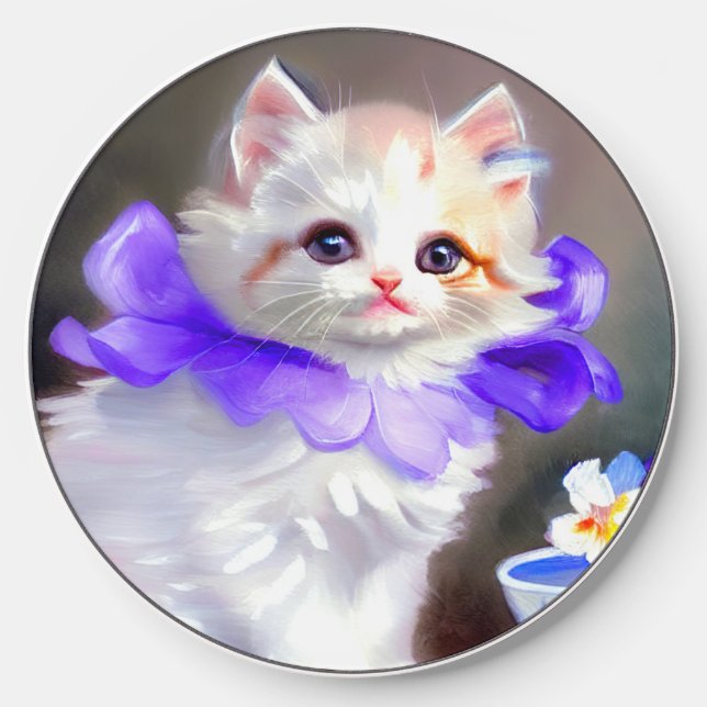 White Cat with Purple Flower Collar Painting Wireless Charger (Front)