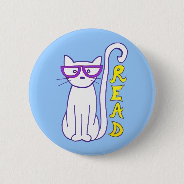 White Cat with Purple Glasses with Read Sign Button (Front)
