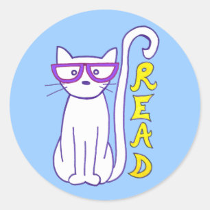 White Cat with Purple Glasses with Read Sign Classic Round Sticker