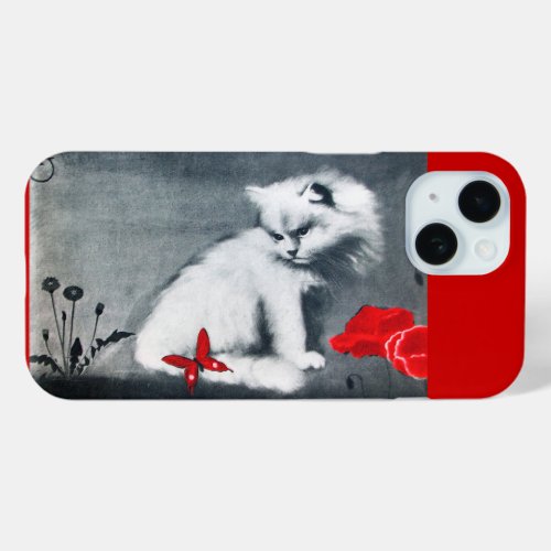 WHITE CAT WITH RED BUTTERFLY iPhone 15 CASE