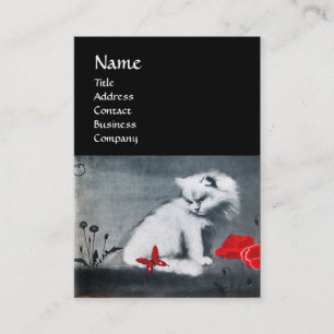 WHITE CAT WITH RED BUTTERFLY MONOGRAM ,pearl Business Card