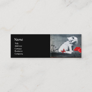WHITE CAT WITH RED BUTTERFLY MONOGRAM pearl paper Mini Business Card