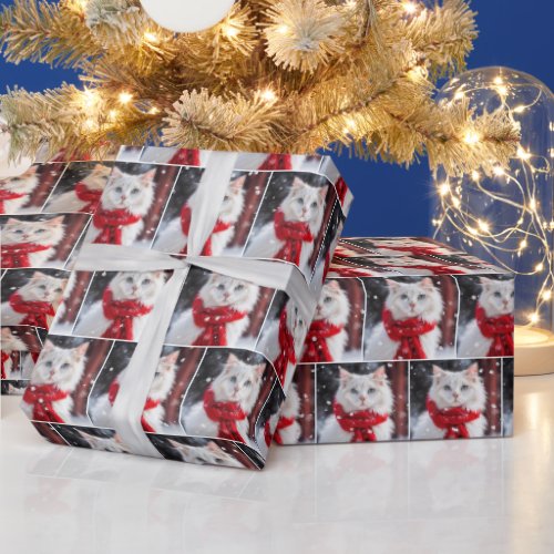 White Cat With Red Scarf In Snowflakes Wrapping Paper