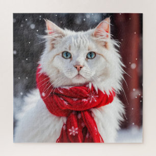 White Cat with Red Winter Scarf Jigsaw Puzzle