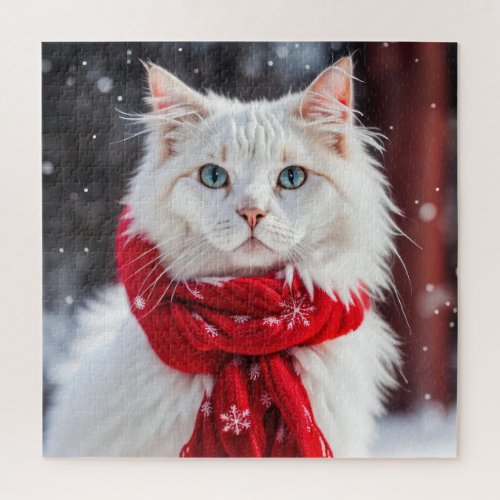 White Cat with Red Winter Scarf Jigsaw Puzzle