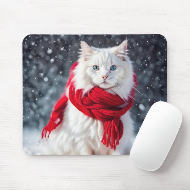 White Cat with Red Winter Scarf Mouse Pad (With Mouse)