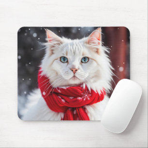 White Cat with Red Winter Scarf Mouse Pad