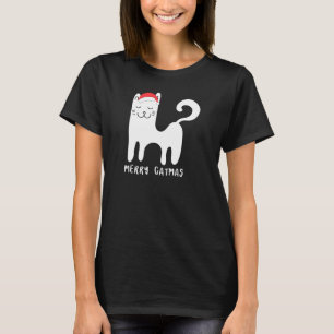 White Cat With Santa Hat Meowy Christmas T Shirt