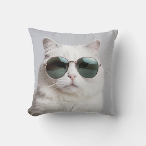 White cat with sunglasses cool feline lovely pet throw pillow