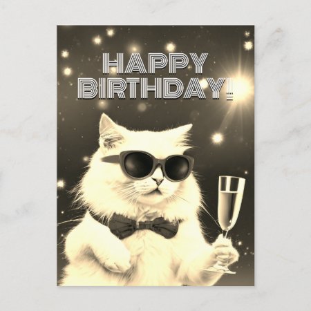 White Cat With Sunglasses Toasting Birthday  Postcard
