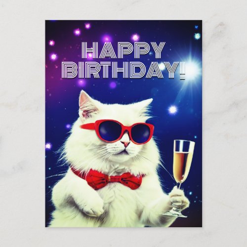 White cat with sunglasses toasting Birthday  Postcard
