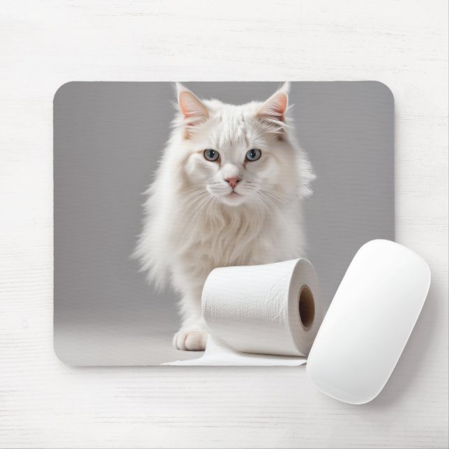 White Cat With Toilet Paper Mouse Pad (With Mouse)