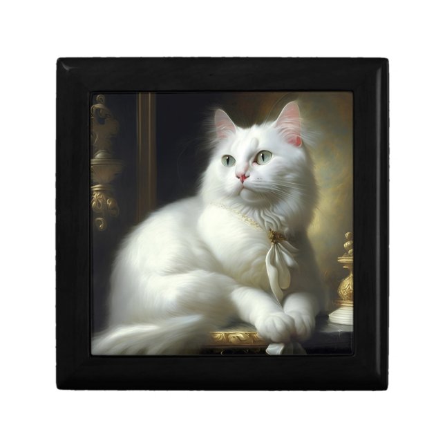 White Cat Wooden Jewelry Keepsake Box (Front)