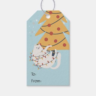 White cat wrapped in red Christmas tree lights