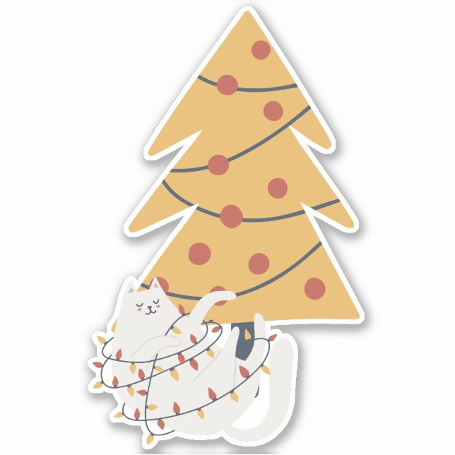White cat wrapped in red Christmas tree lights Sticker (Front)