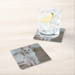 White cat Zazzle_Growshop. Square Paper Coaster