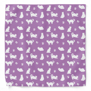 White Cats and Paw Prints Pattern on Purple Bandana