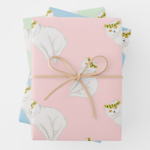 White cats and wreath sunflowers wrapping paper sheets