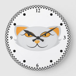 White Cat&#39;s Face Black &amp; White Checkered Border Large Clock