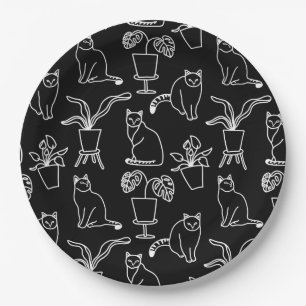 White cats on black paper plates
