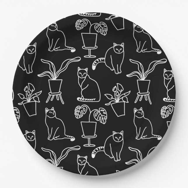 White cats on black paper plates (Front)