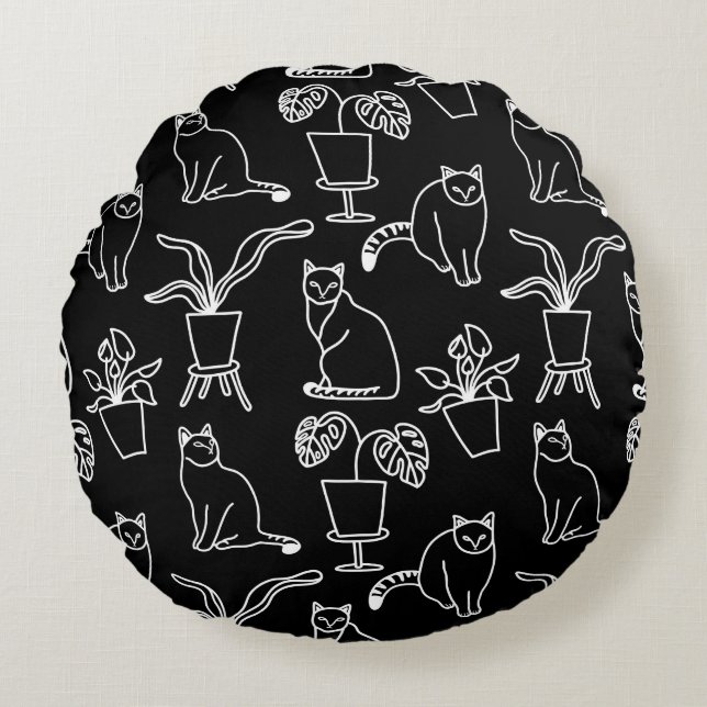 White cats on black round pillow (Front)