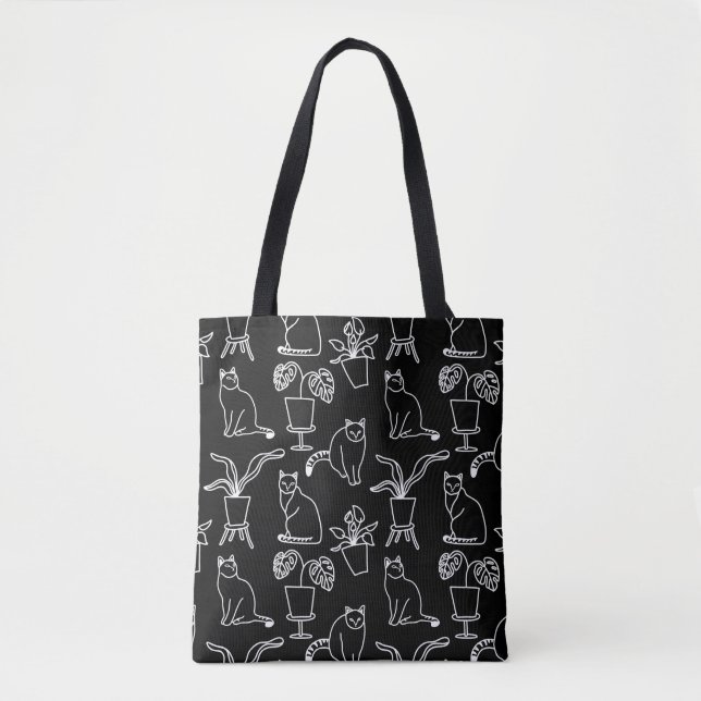 White cats on black tote bag (Front)