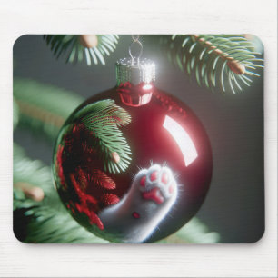 White Cat's Paw Reflection In Red Ornament Mouse Pad
