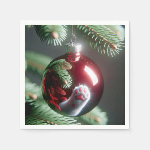 White Cat's Paw Reflection In Red Ornament Napkins