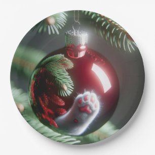 White Cat's Paw Reflection In Red Ornament Paper Plates