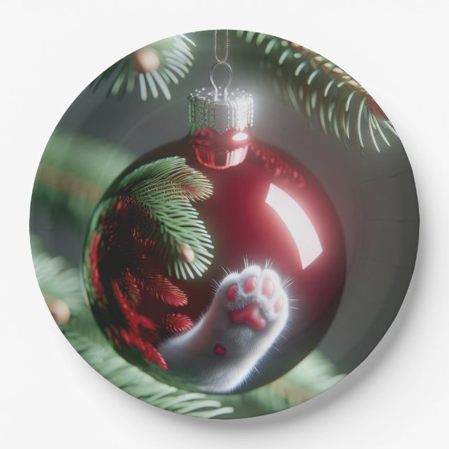 White Cat's Paw Reflection In Red Ornament Paper Plates (Front)