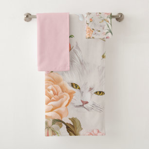 White Cats Pink Roses Floral Bath Towel Set