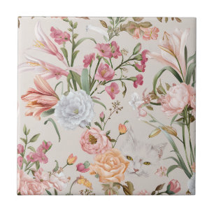 White Cats Pink Roses Floral Ceramic Tile