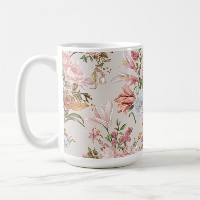 White Cats Pink Roses Floral  Coffee Mug (Left)