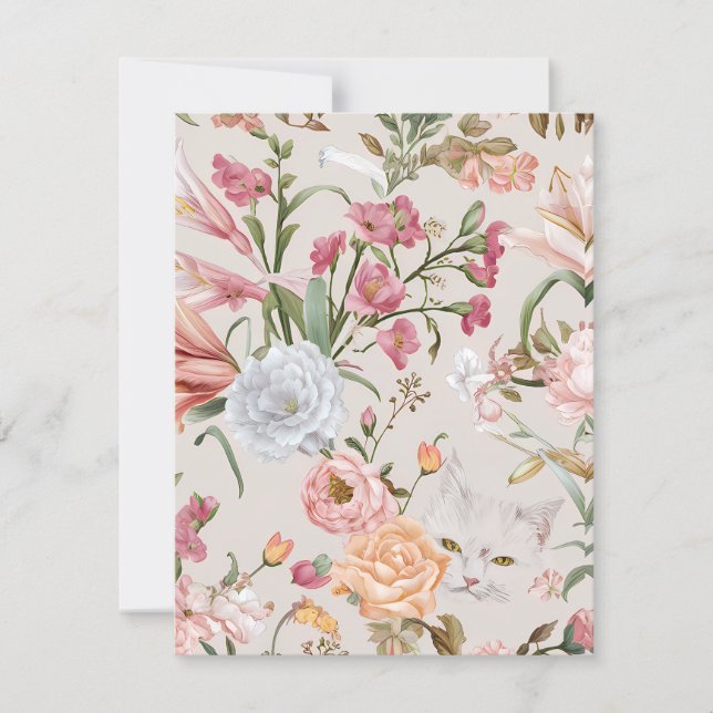 White Cats Pink Roses Floral Flat Thank You Card (Front)
