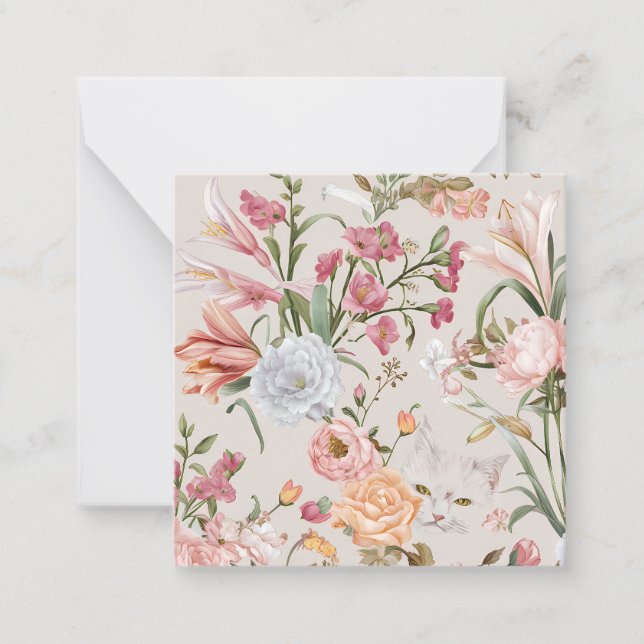 White Cats Pink Roses Floral Flat Thank You Card (Front)