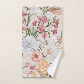 White Cats Pink Roses Floral  Hand Towel