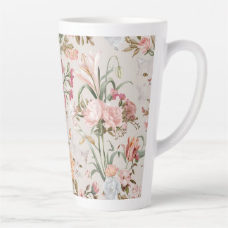 White Cats Pink Roses Floral  Latte Mug