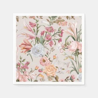 White Cats Pink Roses Floral  Napkins