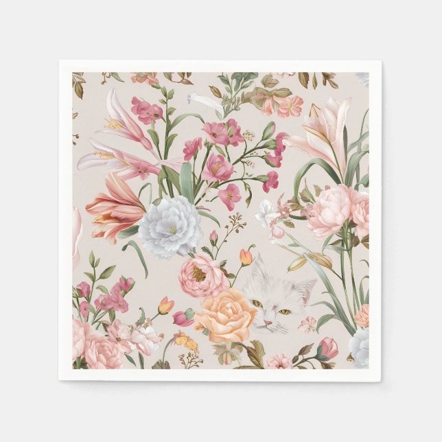 White Cats Pink Roses Floral  Napkins (Front)