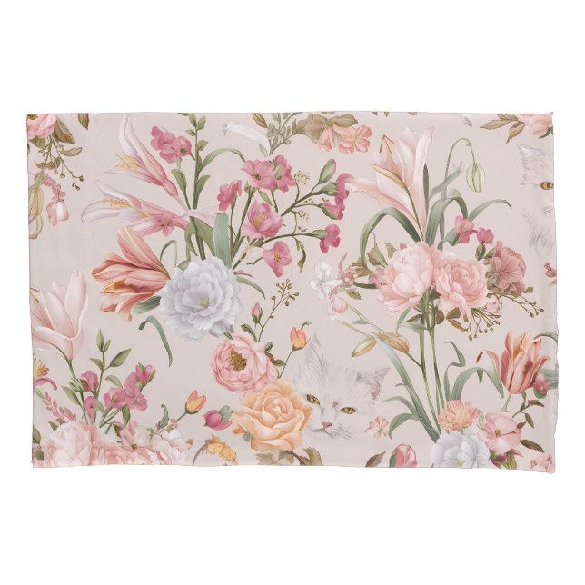 White Cats Pink Roses Floral  Pillow Case (Front-Left)